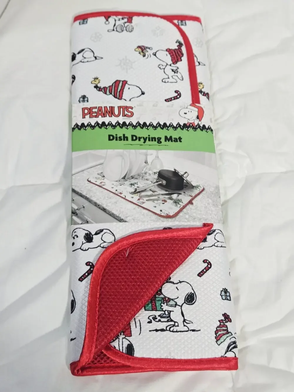 PEANUTS Snoopy Dish Drying Mat Gray 16”x18” Christmas Woodstock Bowl Candy New